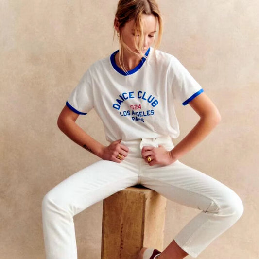  T-shirt Femme à Manches Courtes en Coton – Style Vintage avec Lettres Imprimées