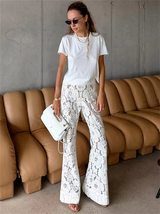  Pantalon Droit Taille Haute Dentelle Femme - Imprimé Patchwork