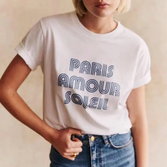 T-shirt Femme Manches Courtes Coton, Style Vintage Paris avec Lettres Imprimées