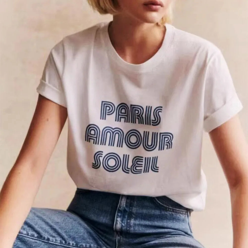 T-shirt Femme Manches Courtes Coton, Style Vintage Paris avec Lettres Imprimées