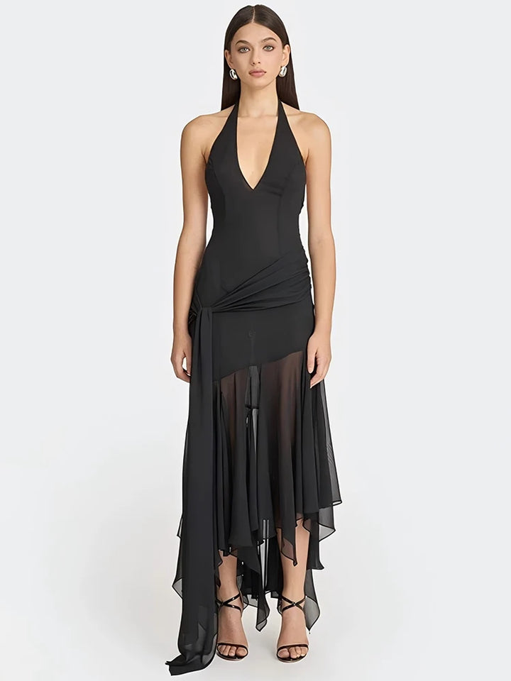 ISLA | Maxikleid mit Halterneck & Drapierung – Elegant, Rückenfrei & Modern