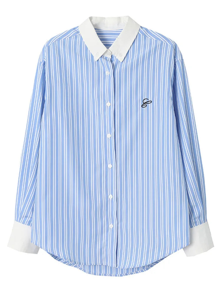 Chemise à Rayures Bleues pour Femme LANMREM – Boutonnage Simple et Élégant