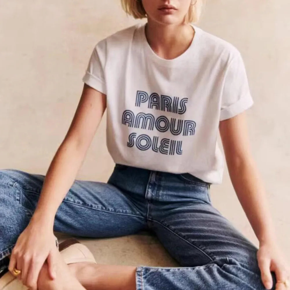 T-shirt Femme Manches Courtes Coton, Style Vintage Paris avec Lettres Imprimées
